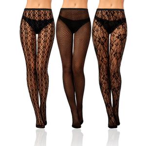 Bencailor 3 Pairs Christmas Women Fishnet Stocking Floral Tight Legging Stockings Small Hole High Pantyhose Waist Lace (Medium, Black)