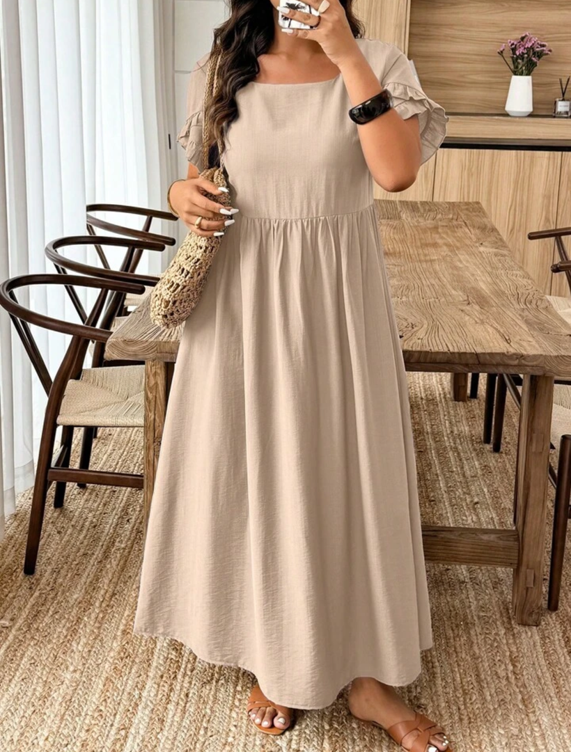 Weeklong Plus Size Solid Color Ruched Frill Hem A-Line Short Sleeve Dress BASICS, 100% Polyester, Size M