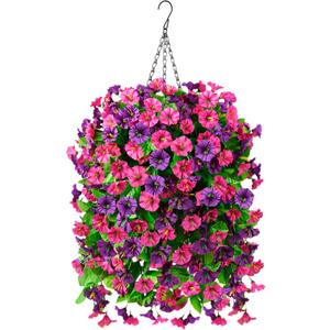 INQCMY Artificial Flowers for Outdoor Spring Summer Decoration Faux Silk Morning Glory Fake Hanging Flowers UV Resistant Look Real for Home Porch (3Pcs Fuchsia&Purple +1 Basket)