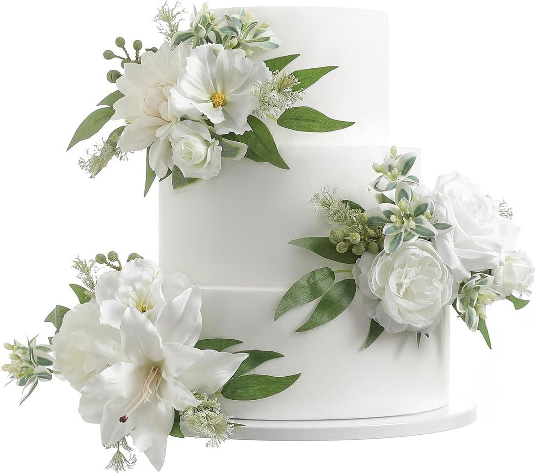 Serra Flora 3Pcs Pre-made Silk Flowers Cake Topper Wedding Artificial Flowers Decor Artificial Rose Cake Decorations for Birthday Baby Shower Engagement Anniversary Party Supplies. (White)