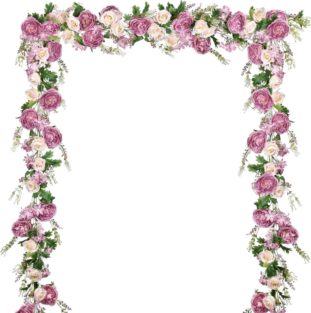 DearHouse 2Pack Artificial Peony Flower Garland - 6ft/Strand Silk Peony Garland with Pink Flowers for Wedding Party Table Decoration,Deep Ruby (Champagne&deep Ruby)