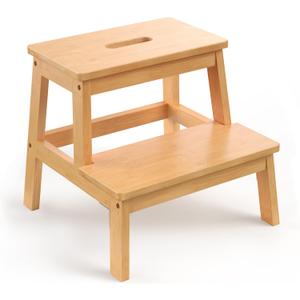 Bamboo 2 Step Stool for Kids & Adults, Wooden Kids Step Stool for Bathroom & Kitchen, Bed Steps for High Beds, Portable with Handle, Non-Slip & 350 Ibs Capacity (Small - 13''H)