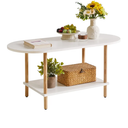 Oval Coffee Table White, Small Wooden Coffee Table for Small Space, Tea Table Stand 35 * 16 * 17 inches, 2 Tier Center Table for Living Room White YD-012W
