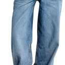 PLNOTME Womens Cuffed Wide Leg Jeans Boyfriend Casual Mid Rise Denim Pants with Pockets (6, Blue)