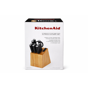 KitchenAid Gourmet 12-Piece Forged Knife Block Set with Sharpener, High-Carbon Steel, Black Birchwood