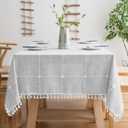 Oubonun Tablecloths for Rectangle Tables, Cotton Linen Waterproof Farmhouse Table Cloth with Boho Tassels  Wrinkle Free, Wipeable & Washable for Kitchen & Dining, 55''x70'', 4-6 Seats, Grey