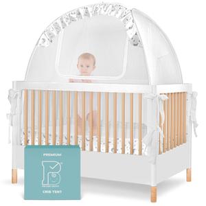 Premium Pop Up Crib Tent, Crib Cover to Keep Baby from Climbing Out, Prevent Falls and Mosquito Bites, Safety Net Canopy - Sturdy & Stylish Infant Topper, Mosquito Net (Full Size Crib - 52 Inch, Premium - Gray Stars & Moons)