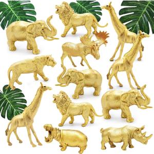 Metallic Gold Plastic Animal Figurines Toys, 12PCS Jumbo Safari Zoo Animal Figures, Jungle Wild Animals with Elephant, Lion, Giraffe for Baby Shower Decor, Safari Themed Birthday Party