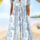 LOZ Women's Blue Leaf Print V-Neck Jumpsuits 2025 Summer Casual Half Sleeve Wide Leg Pants Rompers Beach Wear (M)