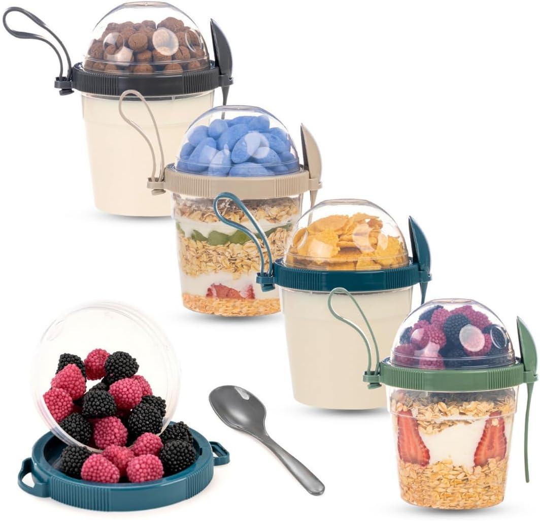 On The Go Cereal Yogurt Cups with Lids and Spoon, Reusable Parfait Plastic Milk Breakfast Crunch Granola Oatmeal Smoothie Snack Prep Bowl (4 Colors Set With Handle, 17 oz)