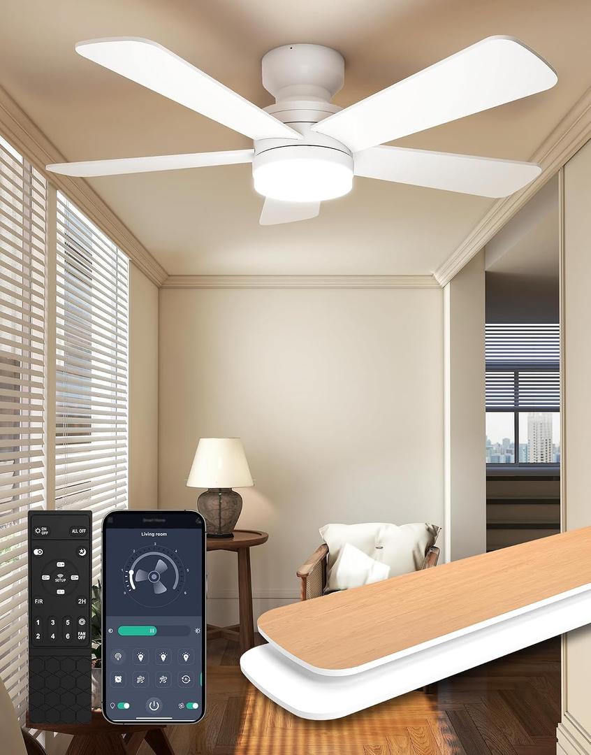 Ceiling Fans with Lights and Remote, 42 Inch Low Profile Ceiling Fan, Flush Mount LED Fan Light with Backlit Night Light Design, 3000K-6000K Dimmable Modern Fandelier Ceiling Fans for Bedroom, White