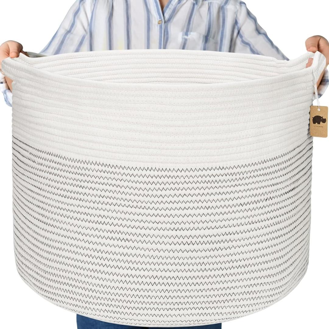 Little Hippo Baskets XXXL Large Cotton Rope 22"x22"x14" Storage Woven Blanket Living Room Toy Basket for Organizing, Baby Gift, Kids Organizer (White with Stitching)