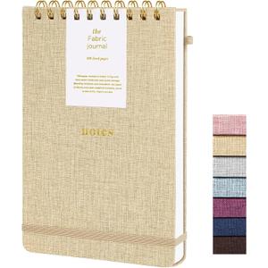 A5 Top Spiral Notebook, Fabric Hardcover College Ruled Journal | 100GSM Paper 160 Lined Pages, 5.7"x8.39" Steno Pads with Elastic Band & Pen Loop, for Work, School Note Taking (Khaki)