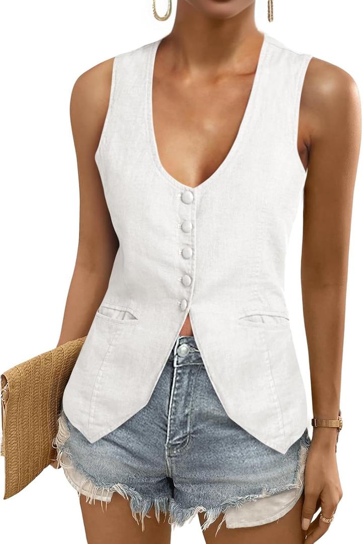 Tankaneo Womens Scoop Neck Blazer Vest Summer Linen Sleeveless Fitted Waistcoat Work Casual Cotton Suit Tops (White, M)