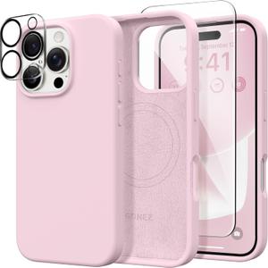 GONEZ Magnetic for iPhone 16 Pro Case, Compatible with MagSafe, [Screen Protector + Camera Lens Protector], Silicone Shockproof Anti-Scratch Protective Phone Case 6.3 Inch, Pastel Pink