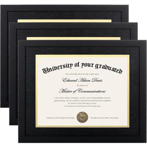 upsimples 11x14 Diploma Frame Certificate Degree Document Frame with High Definition Glass, 8.5 x 11 with mat for Wall and Tabletop, Black Double Mat, 3 Pack