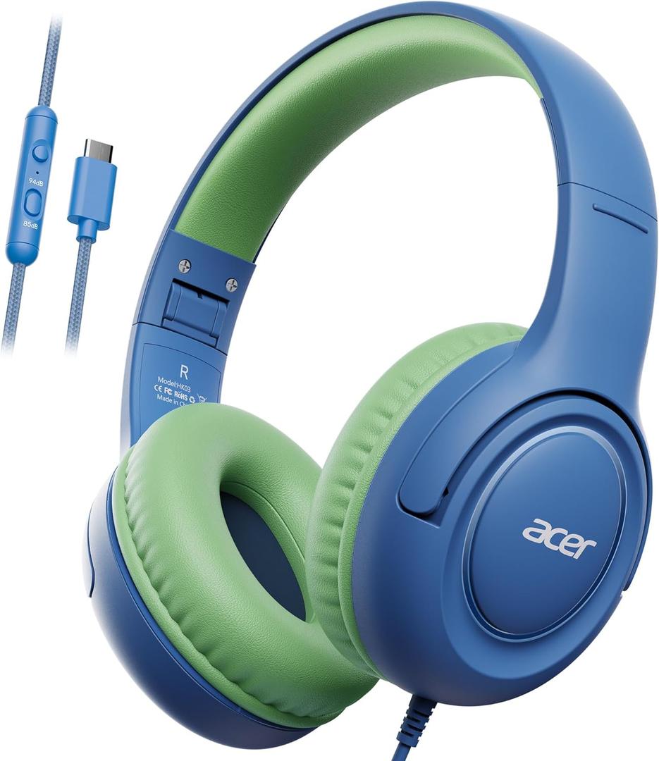 Acer USB-C Kids Headphones - 85/94dB Safe Volume Limited, Foldable Wired Over Ear Headphones for Travel, Toddler Headphones for School, Travel, iPad, Tablet, Blue Green, HK03C