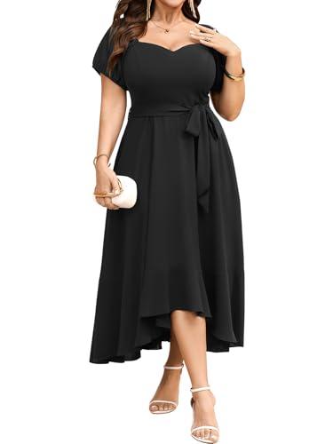 SCOMCHIC Women's Plus Size Dress for Cocktail Wedding Guest Sweetheart Neckline Formal Belted Maxi Dress with Pockets Black, 3XL