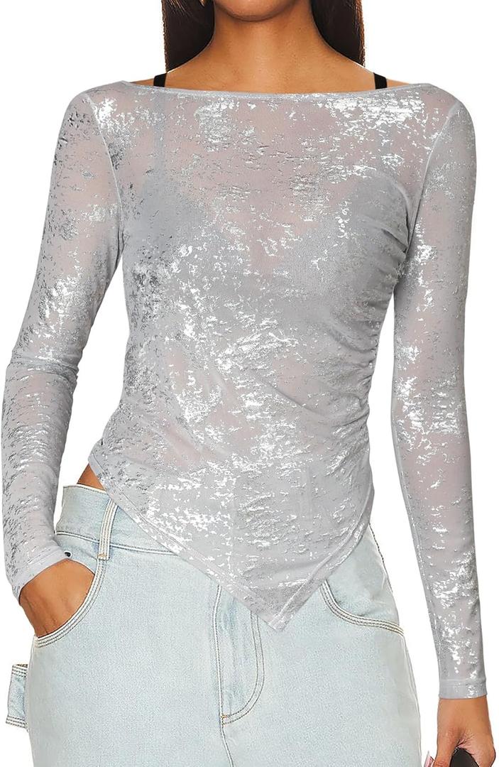 Women's Long Sleeve See Through Glitter Tops Ladies Boat Neck Mesh Sheer Sparkly Sexy Tight Blouses
