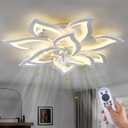 32" White Ceiling Fan with Light Remote Control, Modern Geometric Ceiling Fan with Lights, 6 Speeds 3 Light Color Low Profile Ceiling Fan for Kitchen Bedroom