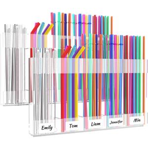 Pack of 2 9.8 Acrylic Straw Holder for Cabinet Door with Double Sided Adhesive Squares and Stickers, 2025 Reusable Straws Organizer Storage Dispenser for Kitchen Counter Cupboard (Transparent)
