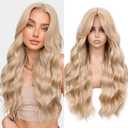 WIGNEE 26 Inch Long Curly Wavy Wig for White Women Synthetic Middle Part Honey Blonde Hair Wig Glueless with Bangs Natural Hairline Looking Wear and Go for Daily/Cosplay/Halloween