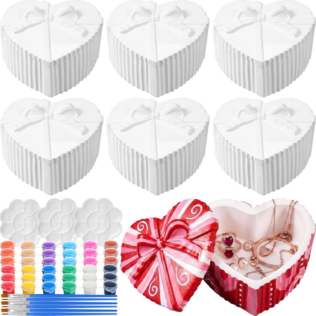 Zubebe 6 Set Ceramic Hearts to Paint Jewelry Tray Kit with Lid Ready to Paint Ceramics Ring Dish Holder DIY Unpainted Plate Trinket Dish Tray DIY Gift for Women Adult Wedding Valentine Christmas