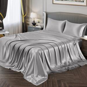 Vonty Satin Sheets Full Size Silky Soft Satin Bed Sheets Silver Grey Sheet Set, 1 Deep Pocket Fitted Sheet + 1 Flat Sheet + 2 Pillowcases
