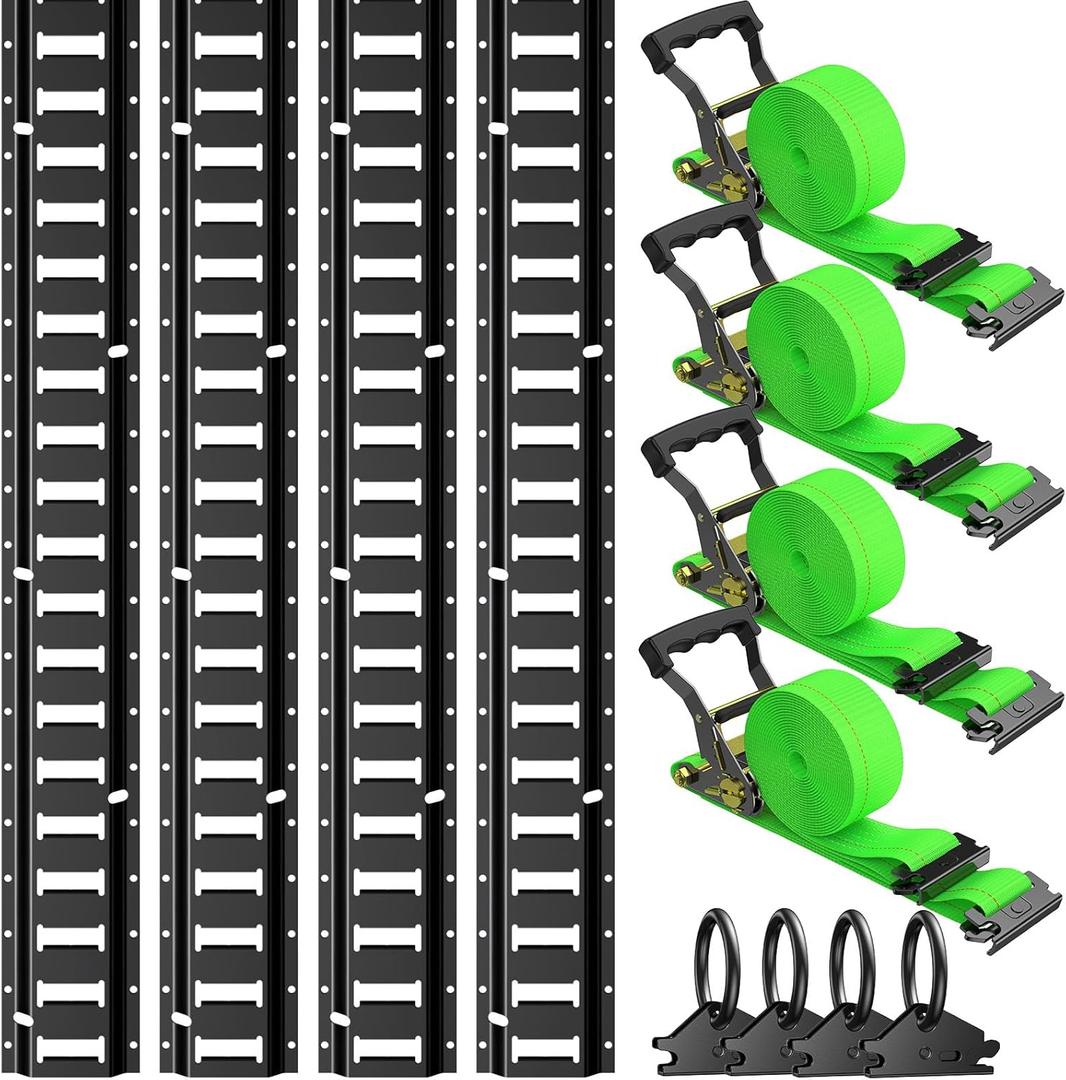 Trekassy 8ft E Track Rail Kit with 4 Ratchet Straps & 4 O-Rings, Heavy-Duty Black E-Track for Trailers, Vans, Trucks, Garages