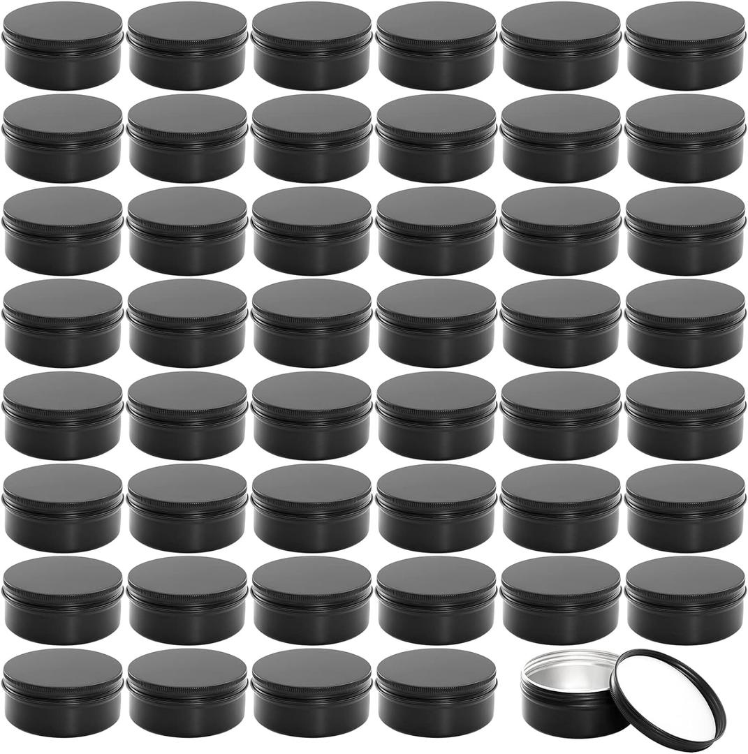 Foraineam 48 Pack 4 oz Metal Round Tins with Screw Lid, Black Aluminium Empty Candle Tins Storage Tin Jars, Cosmetic Sample Containers Travel Tin Cans for Salve, Cream, Spices or Candles