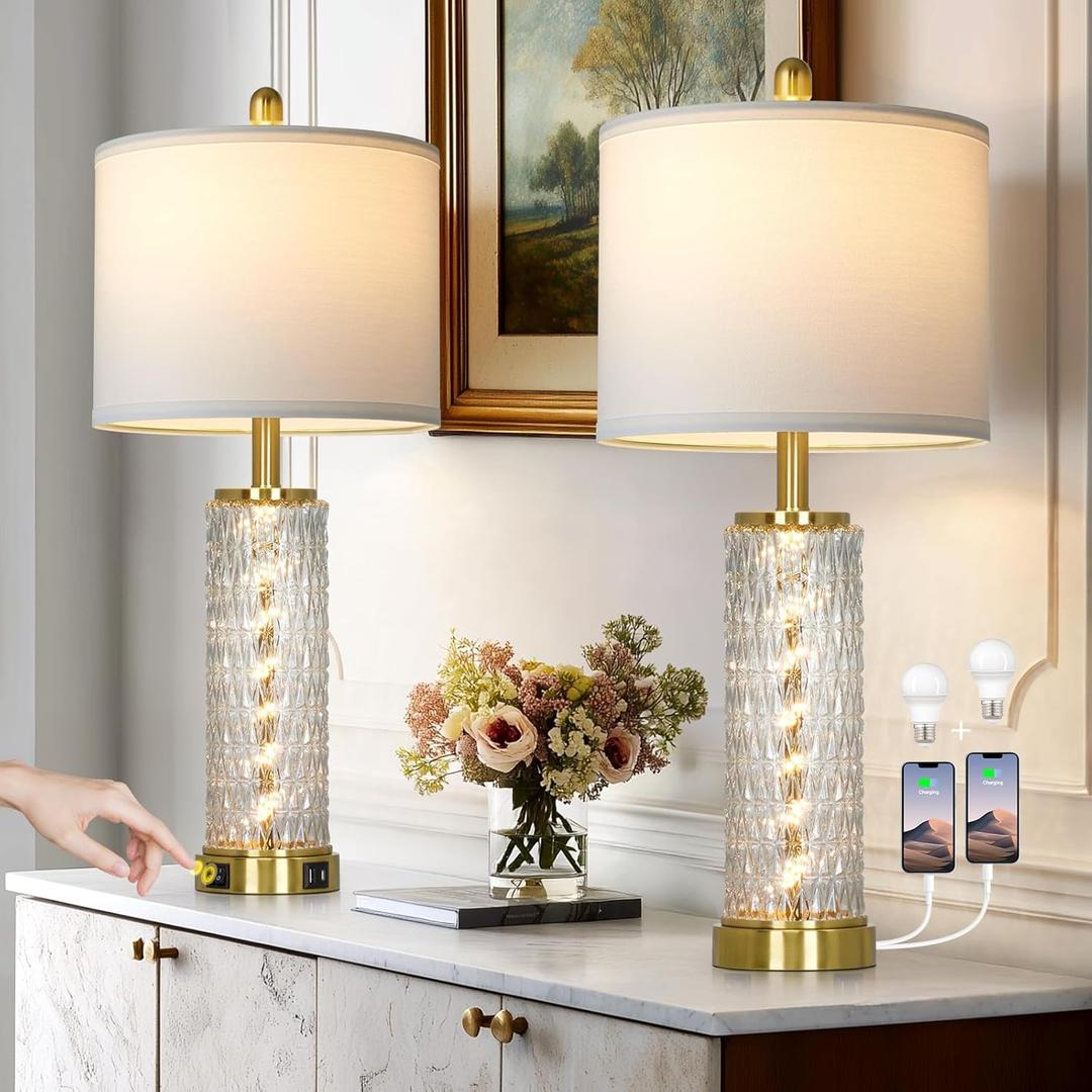 28" Gold Glass Table Lamps Set of 2, Gold Modern Bedside Lamp with LED Night Light, USB A+C, Glass Lamps for Living Room, Bedroom, Nightstand, Office, End Table (2 Bulbs Included)