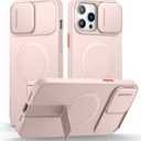 SURITCH for iPhone 13 Pro Max/12 Pro Max Case with Magnetic Camera Slide Cover and Adjustable Kickstand, Compatible with MagSafe, Shockproof Bumper Case Slim Protective Cover 6.7 Inch, Pink