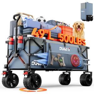 49" L Collapsible Extended Wagon with 500lbs Weight Capacity,300L Heavy Duty Sports Wagon,Big All-Terrian Wheels with Cup Holders,Cart for Sports,Grocery,Shopping(LightBlue)