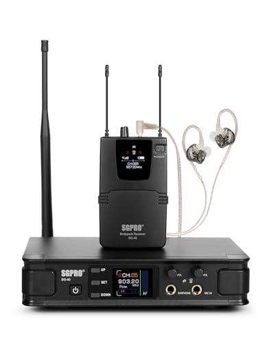 SGPRO Wireless in-Ear Monitor System, IEM System Mono with Metal Transmitter, Bodypack Receiver Monitor Earphones, 85 Adjustable Frequencies 262ft Operation for Bands, Studio & Events