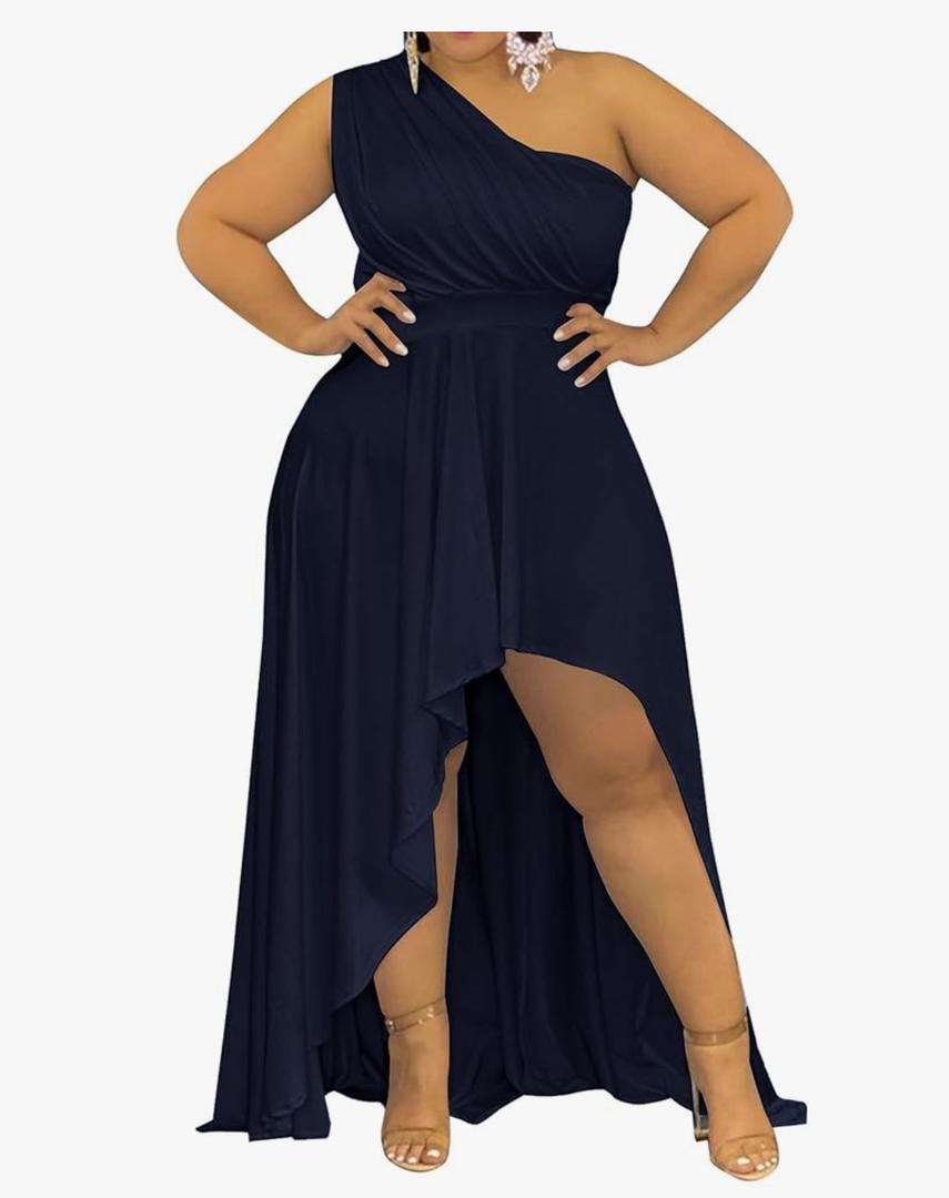 Ekaliy Women's Plus Size One Shoulder Dress Sexy High Low Irregular Hem Flowy Party Cocktail Maxi Dress, XL