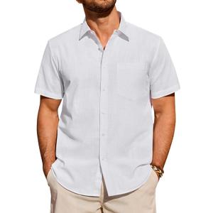 Alimens & Gentle Mens Linen Shirt Short Sleeve Casual Untucked Button Down Cotton Shirts Lightweight Beach Tops Summer (White, L)