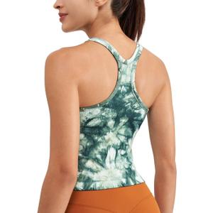 Seamless Ribbed Workout Racerback Tank Tops with Built in Bra for Women (Green, M)