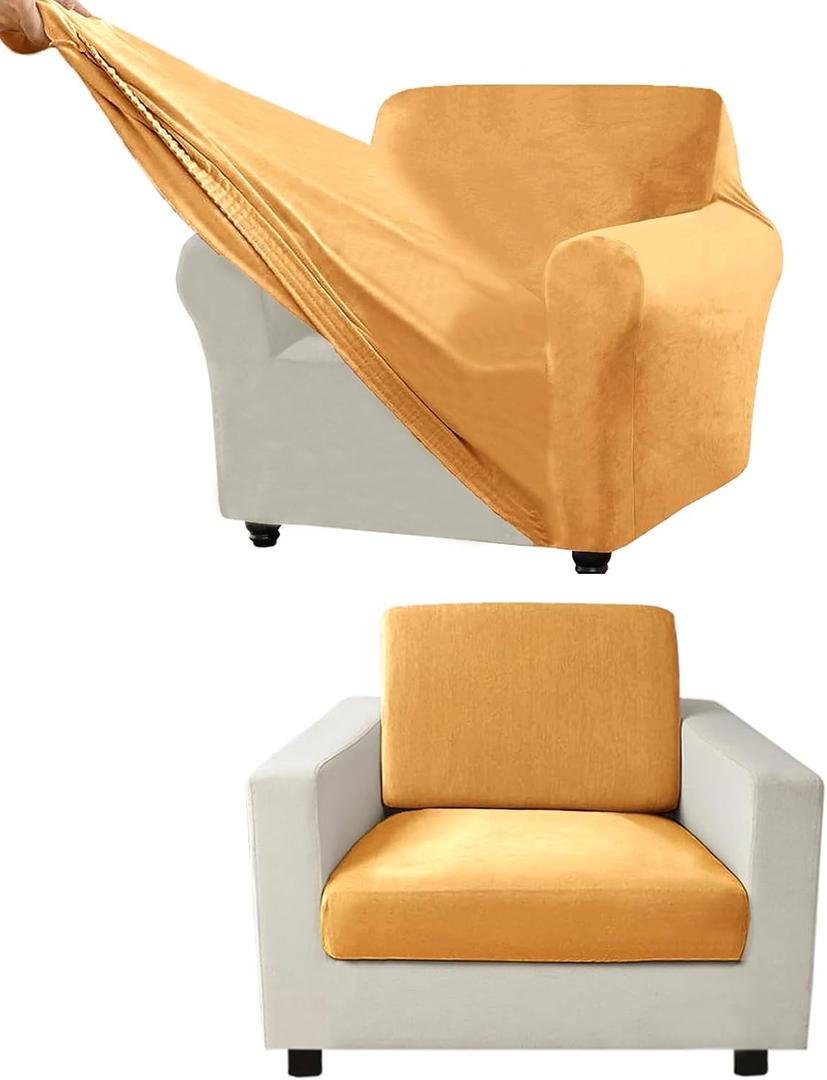 Couch Cover Velvet, Stretch Sofa Covers for Separate Main Cover/Backrests and Seat Cushions Couch Cover, for Living Room Furniture Slipcovers (Gold,Large Seat )