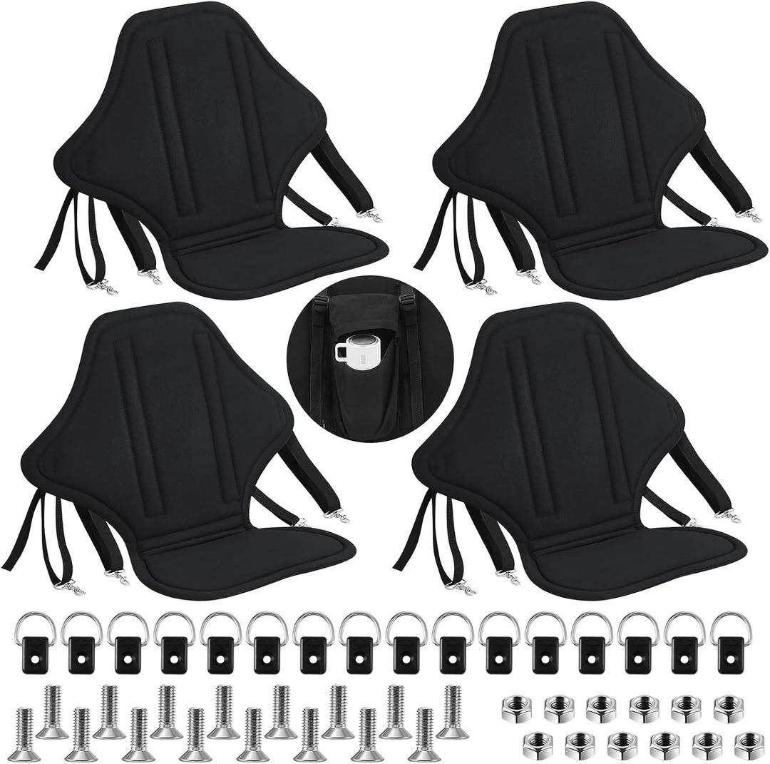 Lewtemi 2 Pack Padded Kayak Seat Fishing Boat Seat with Storage Bag 8 Fixed D Rings Screws Detachable Paddle Board Chair Canoe Chair with Adjustable Back Strap for Summer Canoe Universal Sit (Black)
