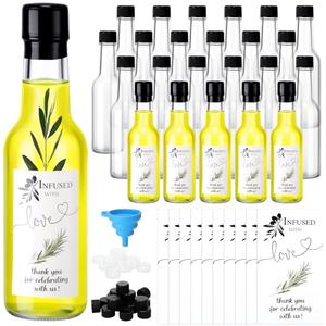 Reallnaive 30 Sets 5 oz Mini Olive Oil Glass Bottles for Homemade with Lids Heat Shrink Cap Stickers and Funnels Clear Mini Olive Oil Woozy Bottle Hot Sauce Glass for Wedding Favors Guest Babyshower