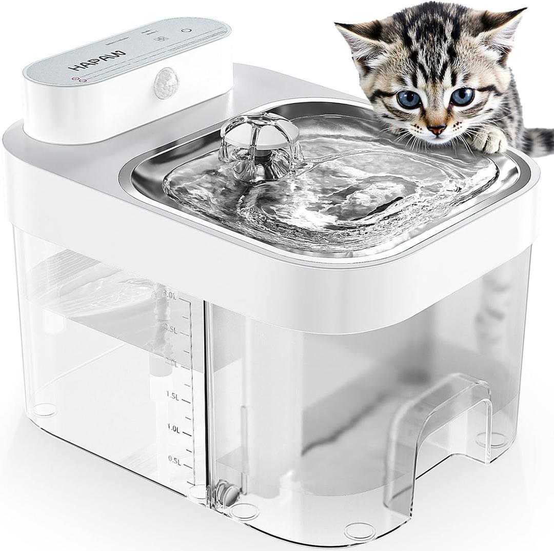 Filterless Cat Water Fountain - Wastewater Separation Pet Dispenser, 101oz/3L Large Capacity Tank, 5000mAh Battery & Plug-in, 2 Flow Modes, 20dB Ultra-Quiet, Stainless Steel Tray, Easy to Clean