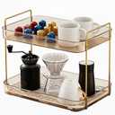 Coffee Bar Organizer, 2 Tier Coffee Station Trays, Mug Whiskey Holder Rack with Dual-Handle for Corner Accessories, Small Shelf Condiment Storage Caddy for Home Kitchen Office - Translucent Amber