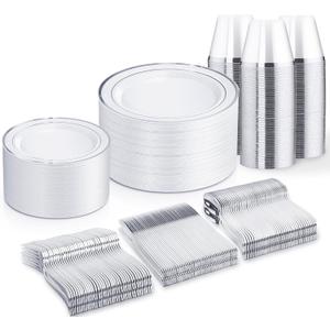 WELLIFE 450 PCS Silver Disposable Dinnerware Set for 75 Guests, Silver Plastic Plates for Party, Including 75 Dinner Salad Plates, Cups, Forks Knives Spoons for Wedding and Party Supplies