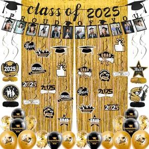Pack of 2, FRAMICS Graduation Decorations 2025, Graduation Banner Class of 2025, Graduations Photo Banner, Tinsel Backdrop Curtains, Ballons & Streamers Kit, Graduations Party Decorations, 82 Pieces, Gold