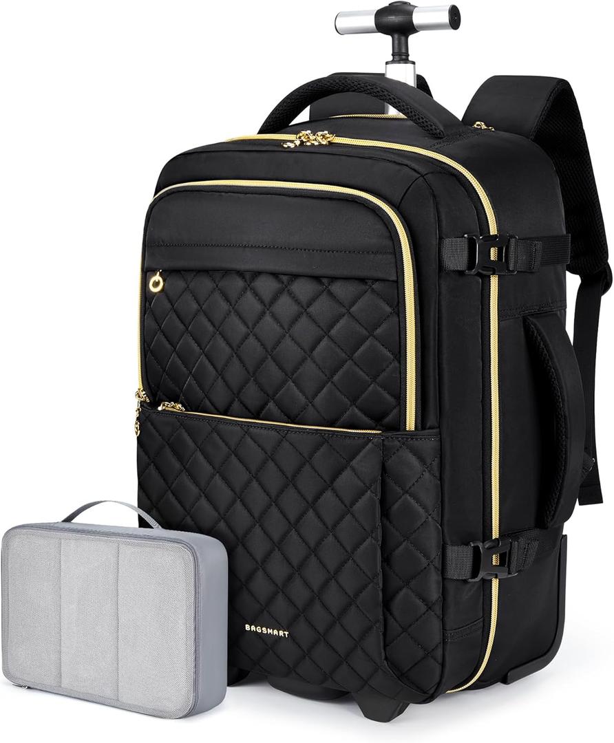 BAGSMART Rolling Backpack for Women, Wheeled Backpack with Packing Cube, Travel Back pack with Wheels, Carry On Suitcase Bag 17 Inch Large Roller Daypack, Black (15.6 Inch)