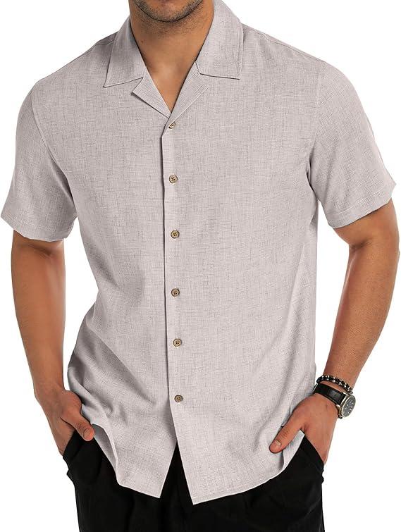 Linen Shirts for Men Casual Short Sleeve Button Down Shirt Cool Summer Beach Wedding Vacation Tops (Large, Light Grey)