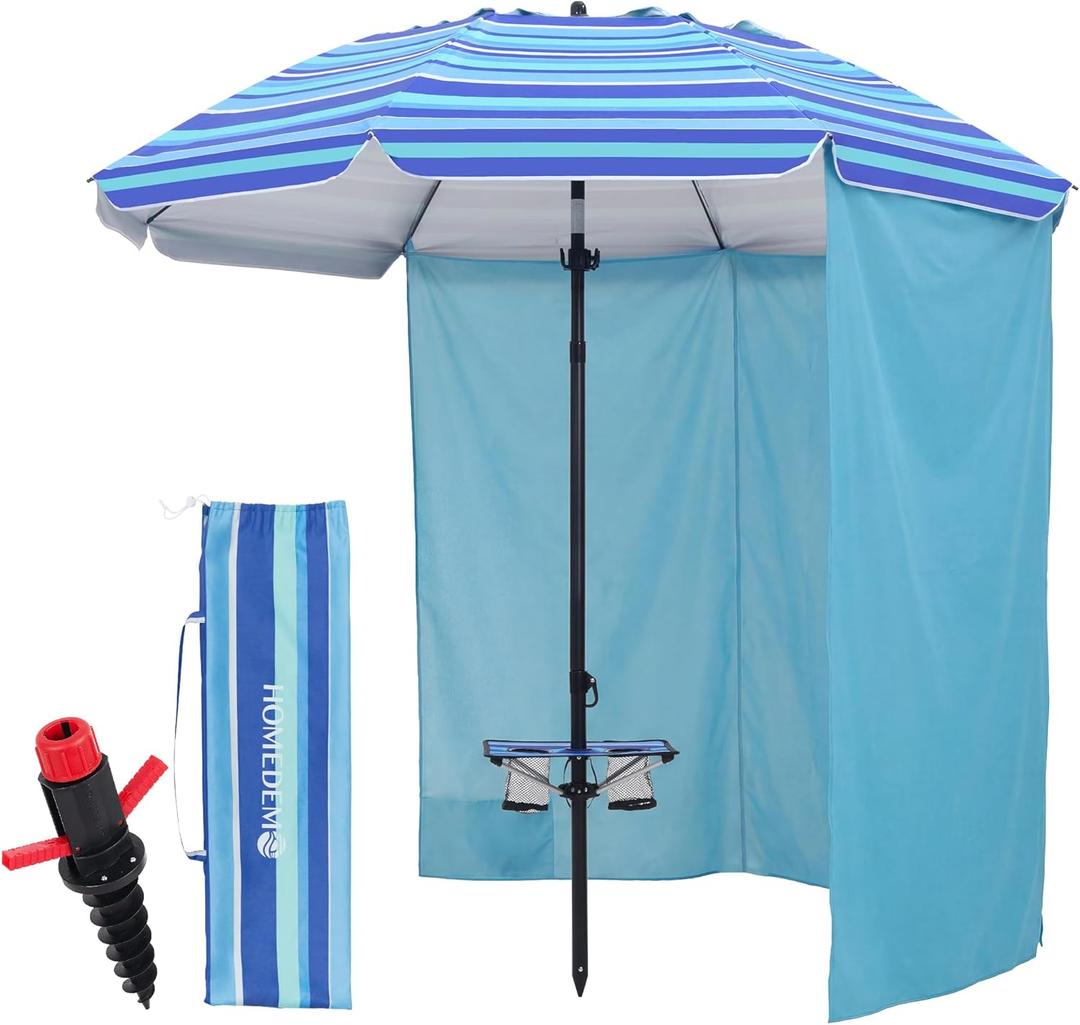 HOMEDEMO 7FT Beach Umbrella with Table & Anchor, Heavy Duty Windproof with UPF 50+ Sun Protection, Outdoor Umbrellas with Adjustable Aluminum Pole (Light and dark blue-white stripes)