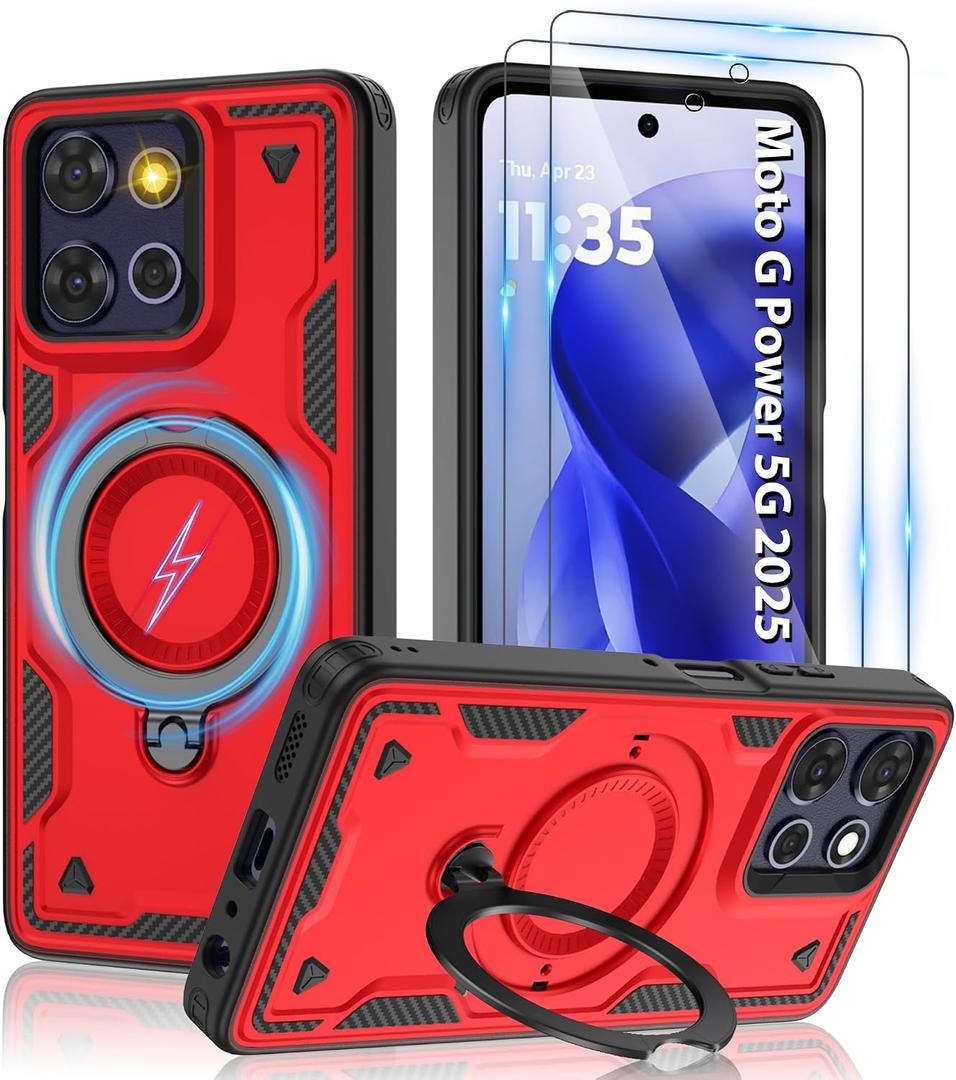 Gritup for Moto G Power 5G 2025 Magnetic Case Compatible with MagSafe & HD Screen Protector2 Metal Rotated Kickstand Military Grade Shockproof Protective Moto G Power 5G 2025 Red