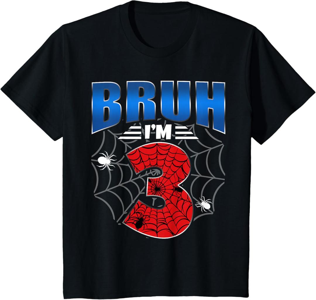 Kids Bruh I'm 3 Year Old Three Funny 3rd Birthday Boys Spider Web T-Shirt, Kids Size 4
