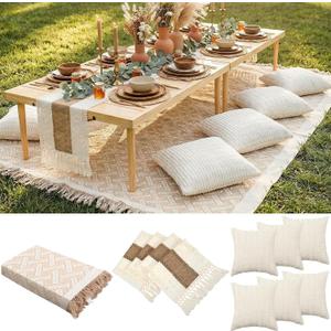 Beeveer Extra Large Outdoor Boho Picnic Blanket 118'' x 71'' Beige White Table Runner 6 Throw Pillow Cover Woven Cotton Yarn Oversize Beach Blanket Washable for Picnic Camp Wedding
